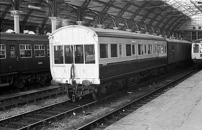 British Rail inspection saloon DE900271 at Darlington Bank Top  1971
Recently repainted in the relatively new blue and grey livery, it originated as a Directors' saloon for the Great Eastern Railway in 1912. It remained in largely original condition until its withdrawal in 1972, and has fortunately survived into preservation, being currently (2021) looked after at Blaenavon's Heritage Railway Link . It is thought to be the only pre-grouping (pre-1923) vehicle to have received the blue/grey paint scheme.